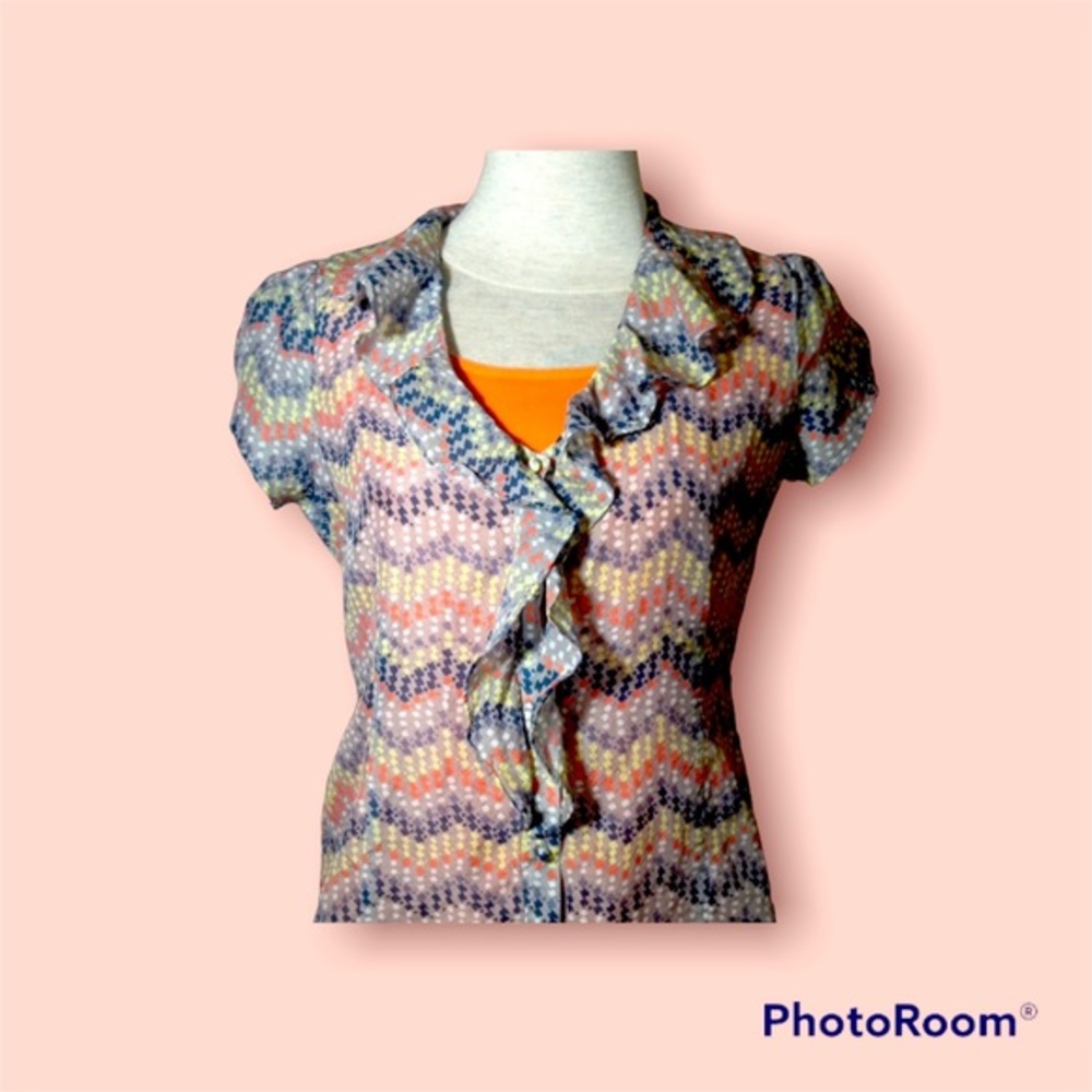 Banana Republic Gray, Yellow,, Orange Patterned Cap Sleeve Ruffled Top M